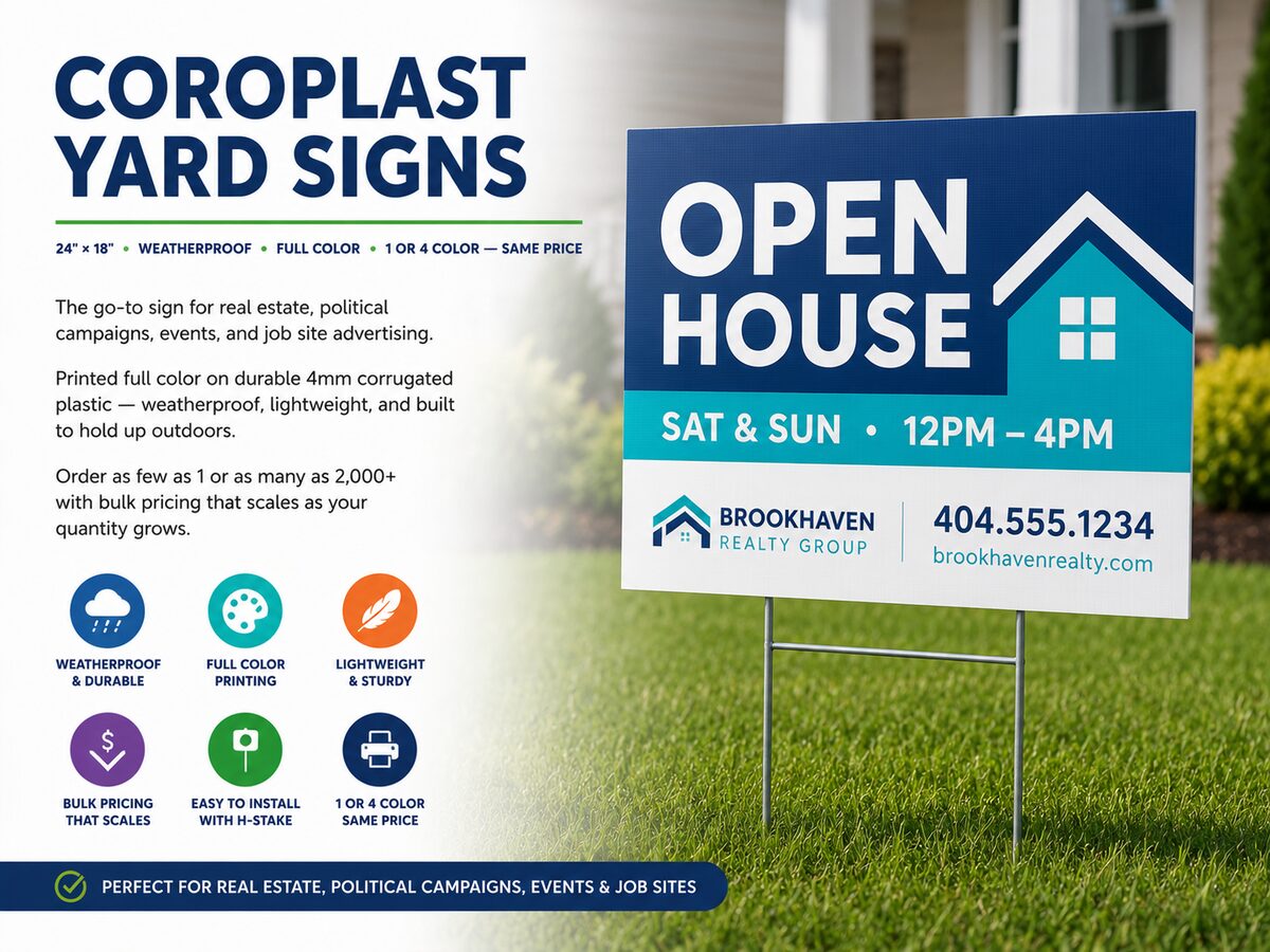 Coroplast yard signs printed full color 24x18 weatherproof — Preprint Atlanta